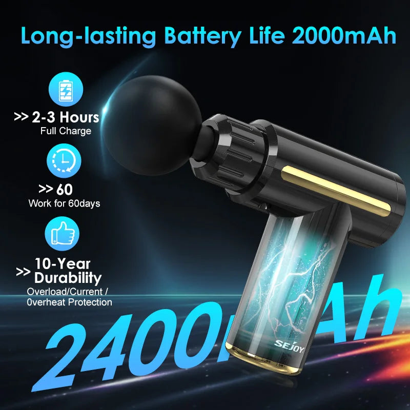 Sejoy Mini Portable Fascia Massage Gun with LED Touch Screen 4 Replaceable Massage Heads 10 Speeds Percussion Massager