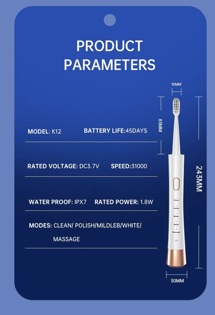 Jianpai Adult Male and Female Electric Toothbrush Hollow Cup Motor Type-c Charging 5-gear Mode Sonic Electric Toothbrush