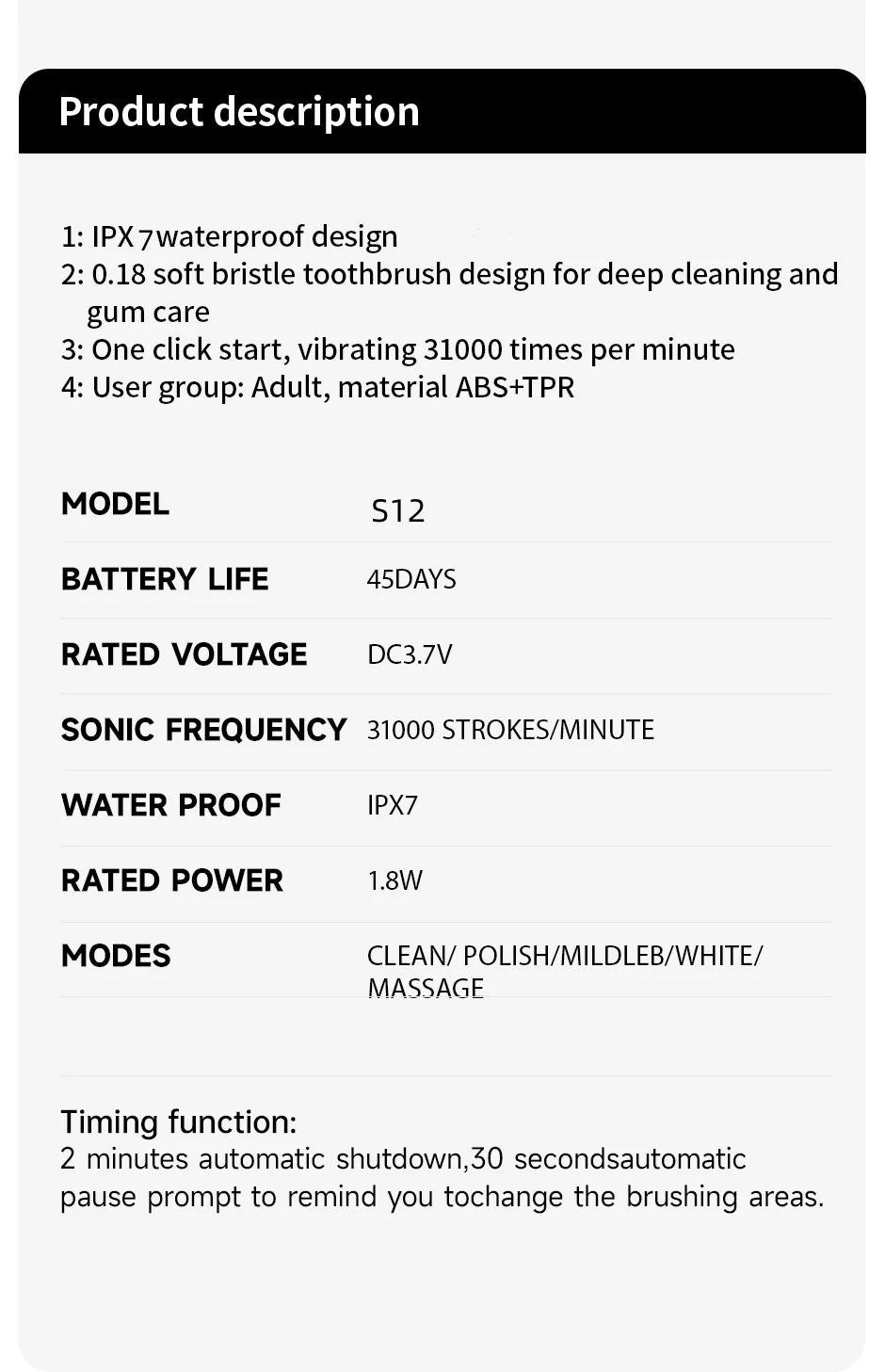 Jianpai Adult Male and Female Electric Toothbrush Hollow Cup Motor Type-c Charging 5-gear Mode Sonic Electric Toothbrush