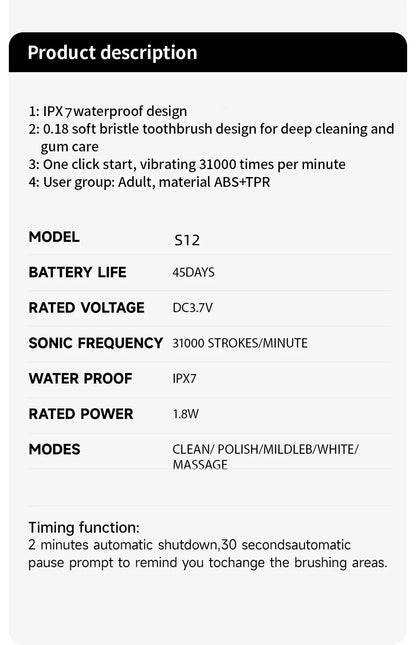 Jianpai Adult Male and Female Electric Toothbrush Hollow Cup Motor Type-c Charging 5-gear Mode Sonic Electric Toothbrush