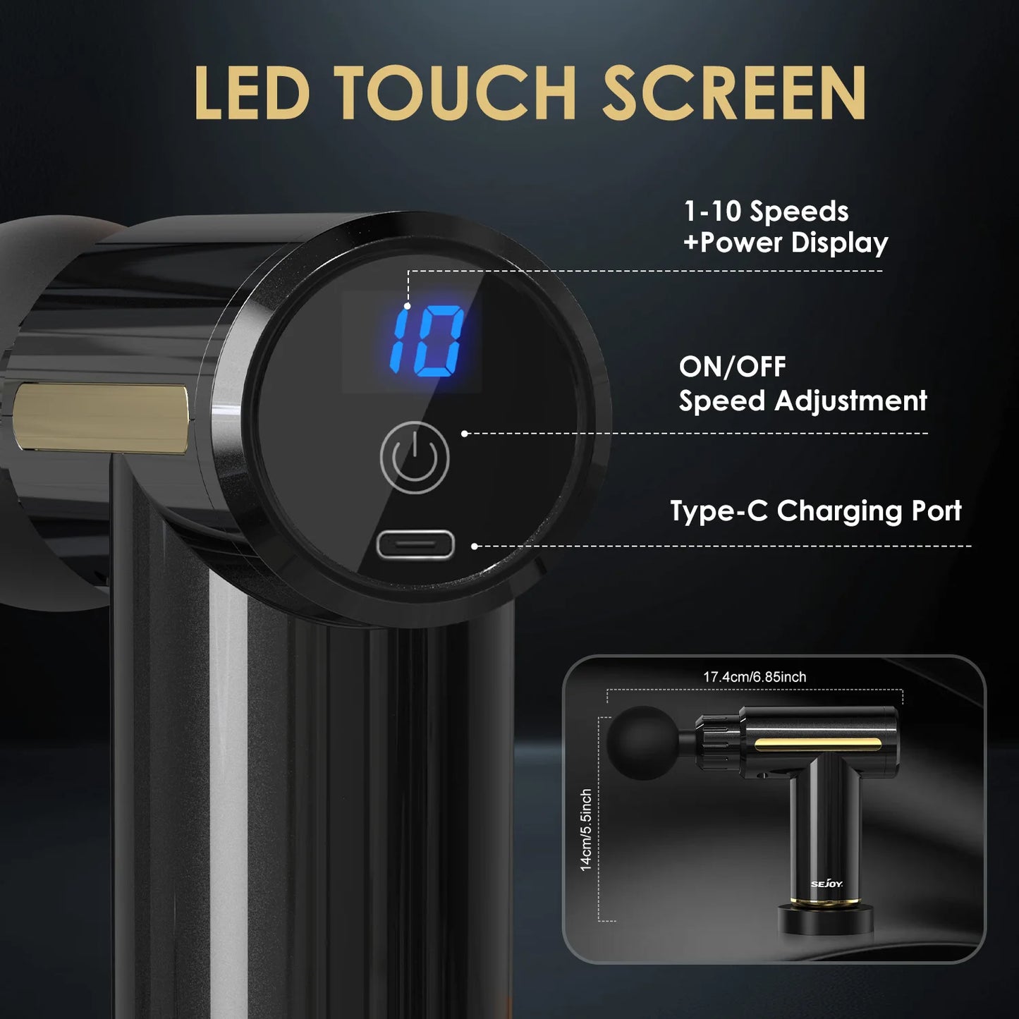 Sejoy Mini Portable Fascia Massage Gun with LED Touch Screen 4 Replaceable Massage Heads 10 Speeds Percussion Massager