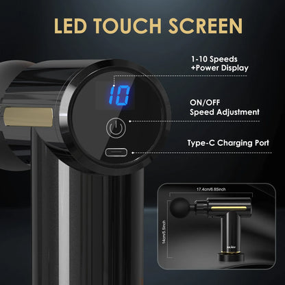 Sejoy Mini Portable Fascia Massage Gun with LED Touch Screen 4 Replaceable Massage Heads 10 Speeds Percussion Massager