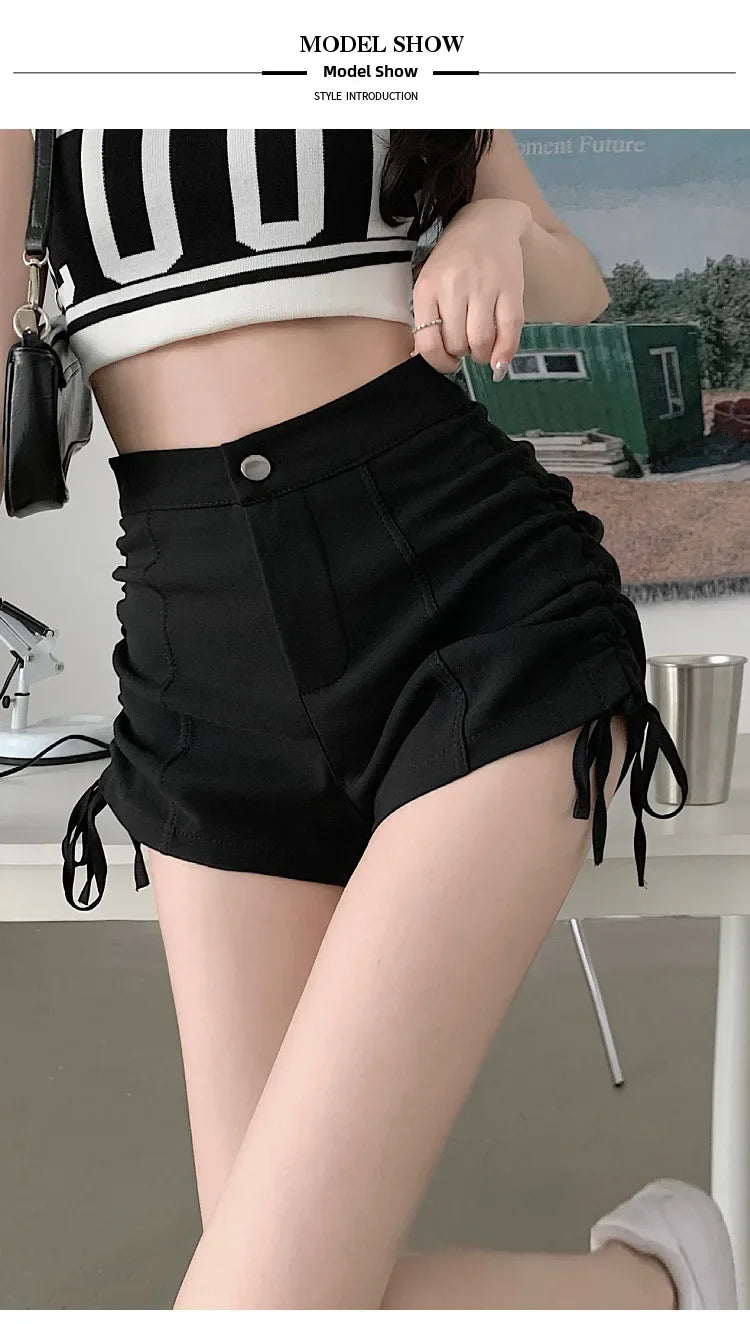 Spicy Girl Style Pure Desire Sexy Drawstring Black Shorts Summer Women's Petite High-waisted Leg-lengthening Casual A- line Pant