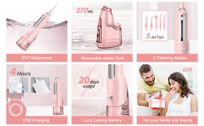 SEJOY Dental Oral Irrigator Water Flosser USB Rechargeable,5 Working Modes,5 Nozzles, 270ml Tank,Water Floss Teeth Pick