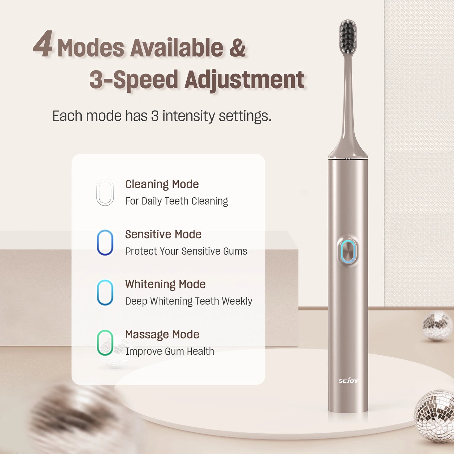 Sejoy T512 Electric Toothbrush for Adults with 4 Brush Heads Ultrasonic Tooth brush 4 Modes Rechargeable Waterproof