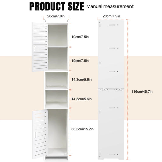 Bathroom Storage Cabinet, White PVC Bathroom Storage Unit Bathroom Cabinets Free Standing Slim, 116*20*20cm