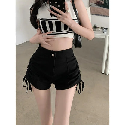Spicy Girl Style Pure Desire Sexy Drawstring Black Shorts Summer Women's Petite High-waisted Leg-lengthening Casual A- line Pant