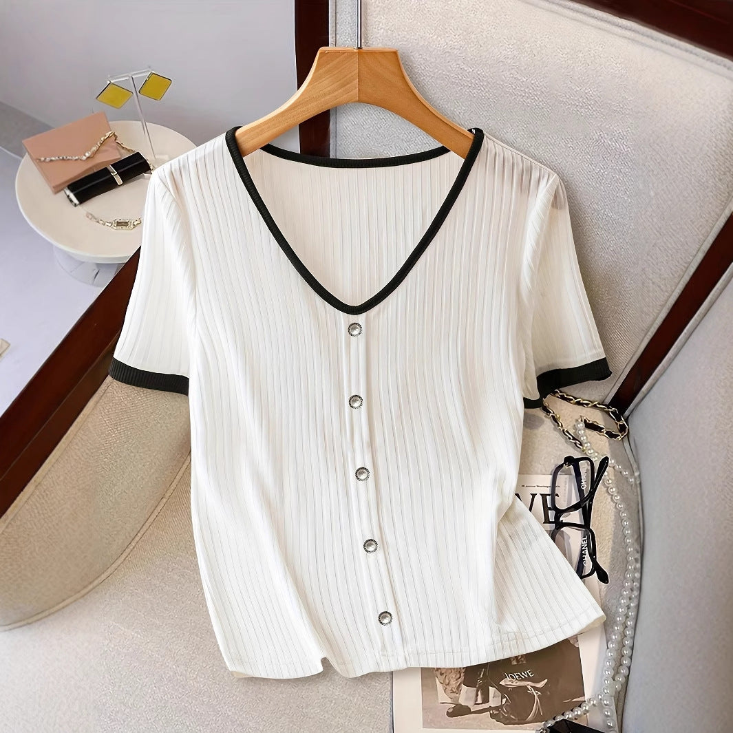 Women's Casual V-neck Short Sleeve Button Design Color Contrast T-shirt Top